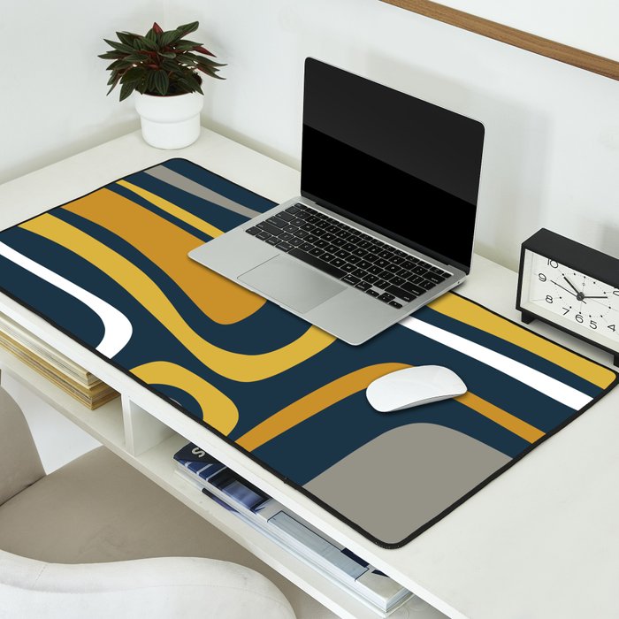 Palm Springs Mid-Century Modern Abstract Pattern in Light and Dark Mustard, Gray, and White on Navy Blue Desk Mat Gallery Image 2