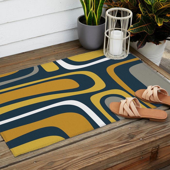 Palm Springs Mid-Century Modern Abstract Pattern in Light and Dark Mustard, Gray, and White on Navy Blue Outdoor Rug Gallery Image 2