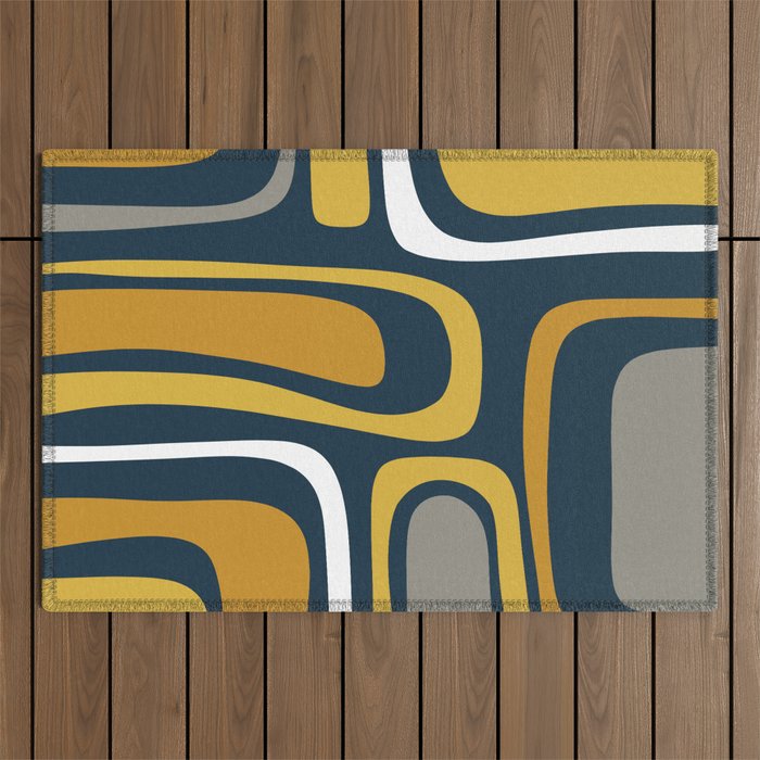 Palm Springs Mid-Century Modern Abstract Pattern in Light and Dark Mustard, Gray, and White on Navy Blue Outdoor Rug Gallery Image 1