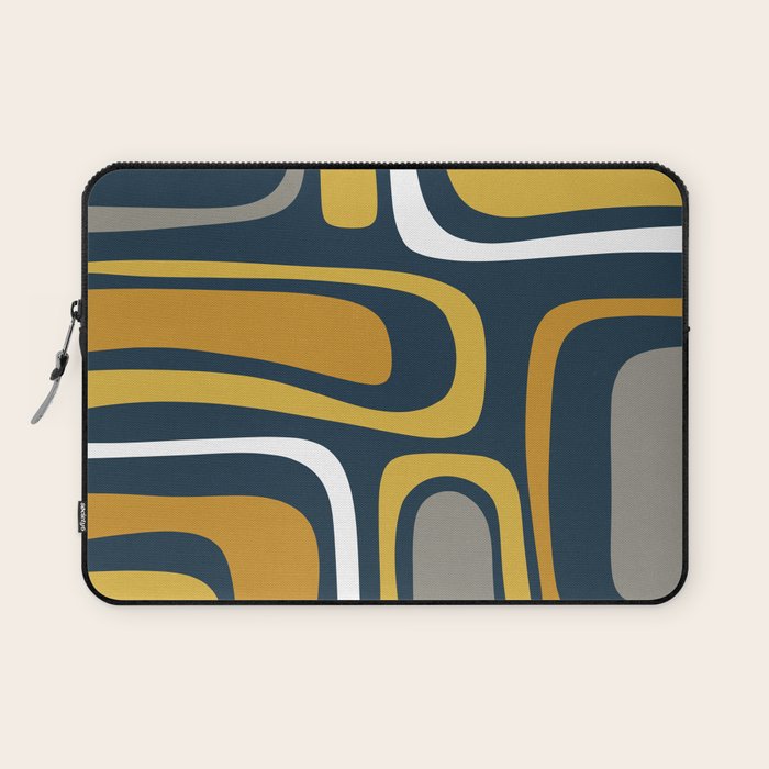 Palm Springs Mid-Century Modern Abstract Pattern in Light and Dark Mustard, Gray, and White on Navy Blue Laptop Sleeve Gallery Image 1