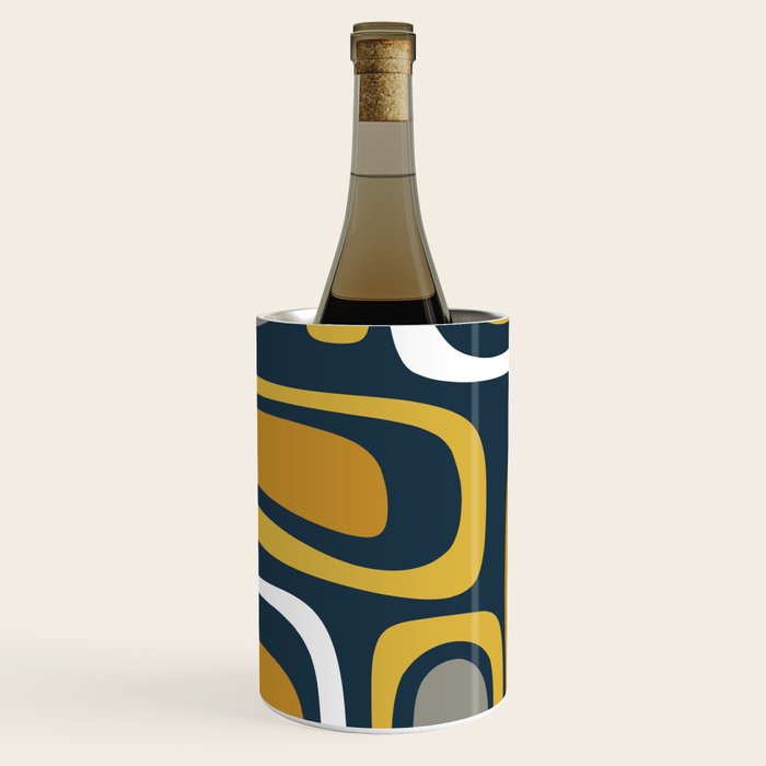 Palm Springs Mid-Century Modern Abstract Pattern in Light and Dark Mustard, Gray, and White on Navy Blue Wine Chiller Gallery Image 1