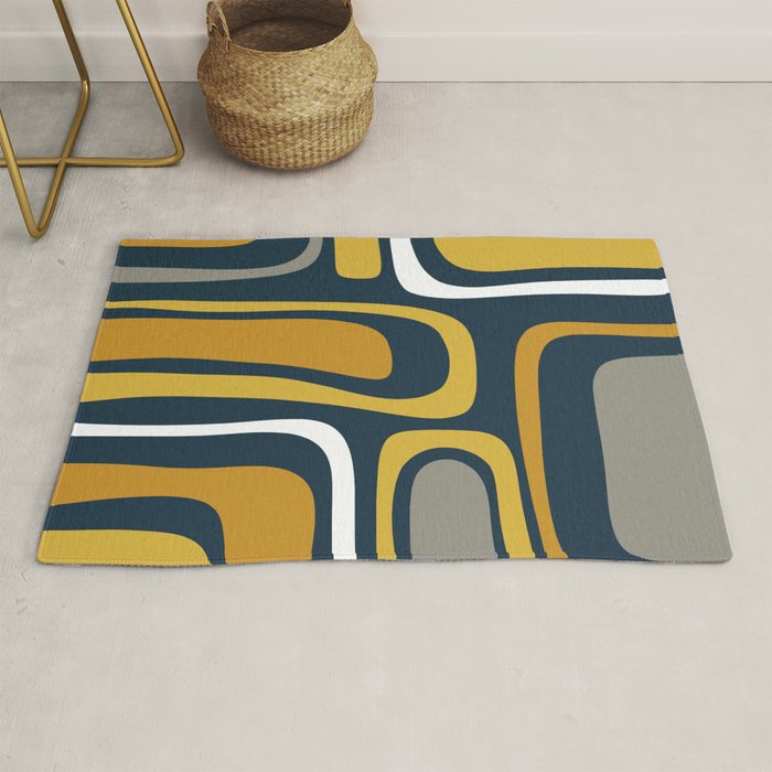 Palm Springs Mid-Century Modern Abstract Pattern in Light and Dark Mustard, Gray, and White on Navy Blue Rug Gallery Image 1