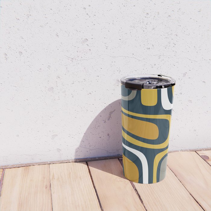 Palm Springs Mid-Century Modern Abstract Pattern in Light and Dark Mustard, Gray, and White on Navy Blue Travel Mug Gallery Image 4