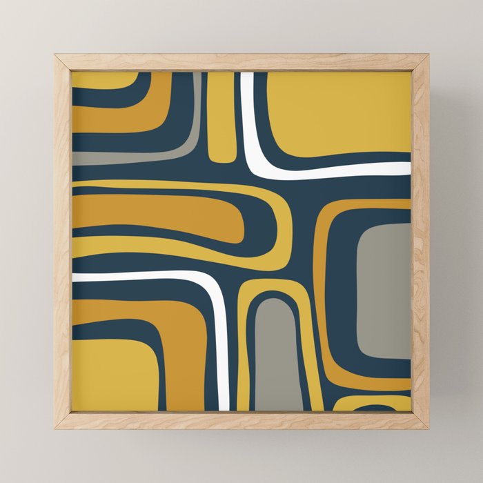 Palm Springs Mid-Century Modern Abstract Pattern in Light and Dark Mustard, Gray, and White on Navy Blue Mini Art Print Gallery Image 1