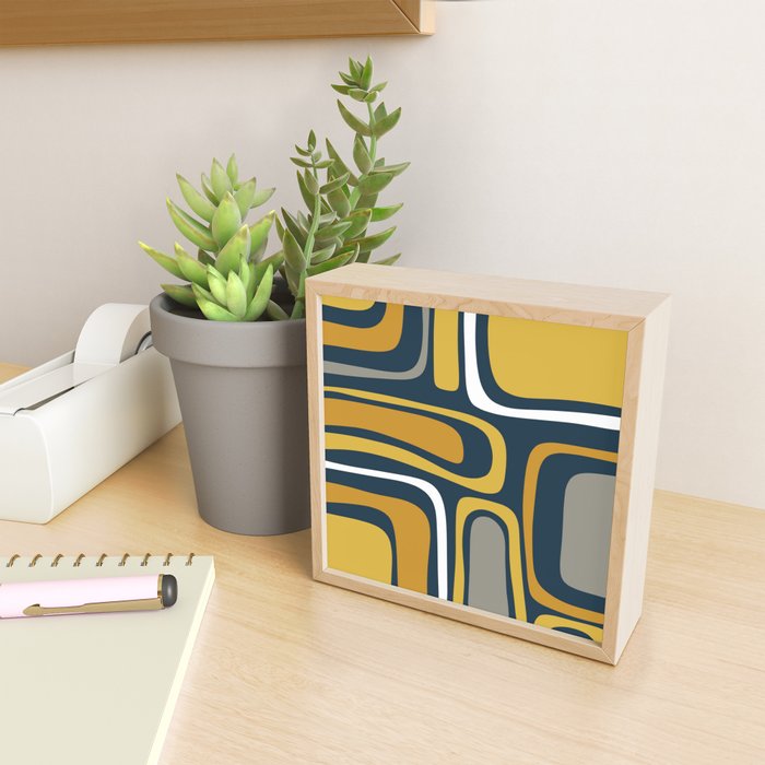 Palm Springs Mid-Century Modern Abstract Pattern in Light and Dark Mustard, Gray, and White on Navy Blue Mini Art Print Gallery Image 2