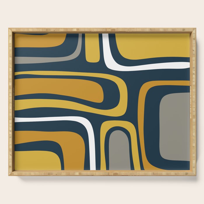 Palm Springs Mid-Century Modern Abstract Pattern in Light and Dark Mustard, Gray, and White on Navy Blue Serving Tray Gallery Image 1
