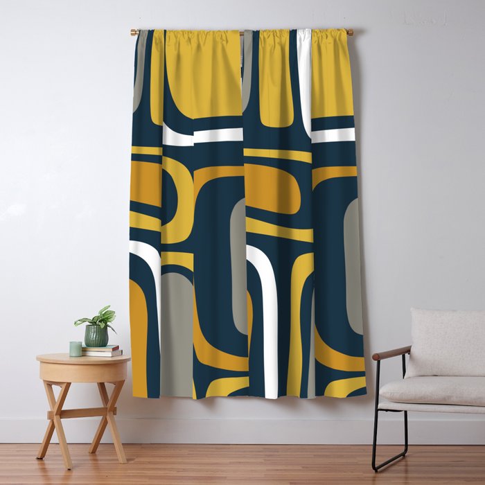 Palm Springs Mid-Century Modern Abstract Pattern in Light and Dark Mustard, Gray, and White on Navy Blue Window Curtain Gallery Image 1