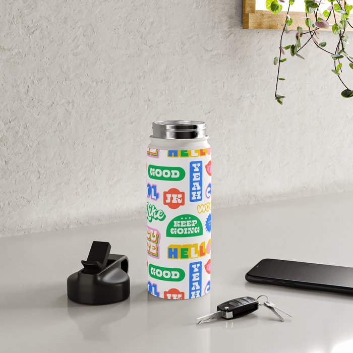 Retro funny sticker quote label pattern Water Bottle Gallery Image 4