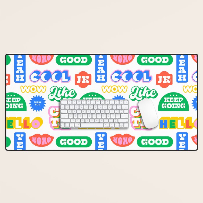 Retro funny sticker quote label pattern Desk Mat Gallery Image 1