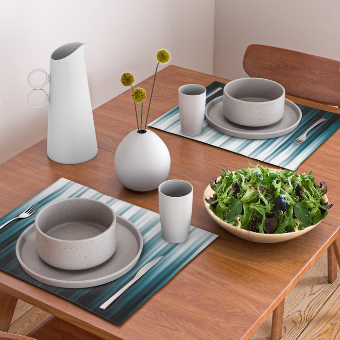 Tropical Dark Teal Inspired by 2020 Color Oceanside SW6496 Soft Vertical Blurred Line Pattern Placemat Gallery Image 2