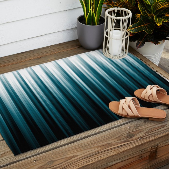 Tropical Dark Teal Inspired by 2020 Color Oceanside SW6496 Soft Vertical Blurred Line Pattern Outdoor Rug Gallery Image 2