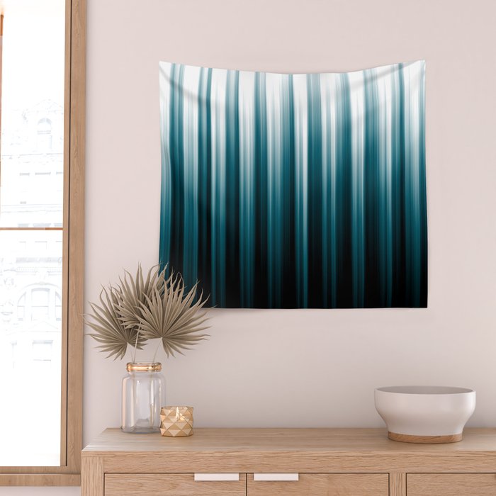 Tropical Dark Teal Inspired by 2020 Color Oceanside SW6496 Soft Vertical Blurred Line Pattern Wall Tapestry Gallery Image 2