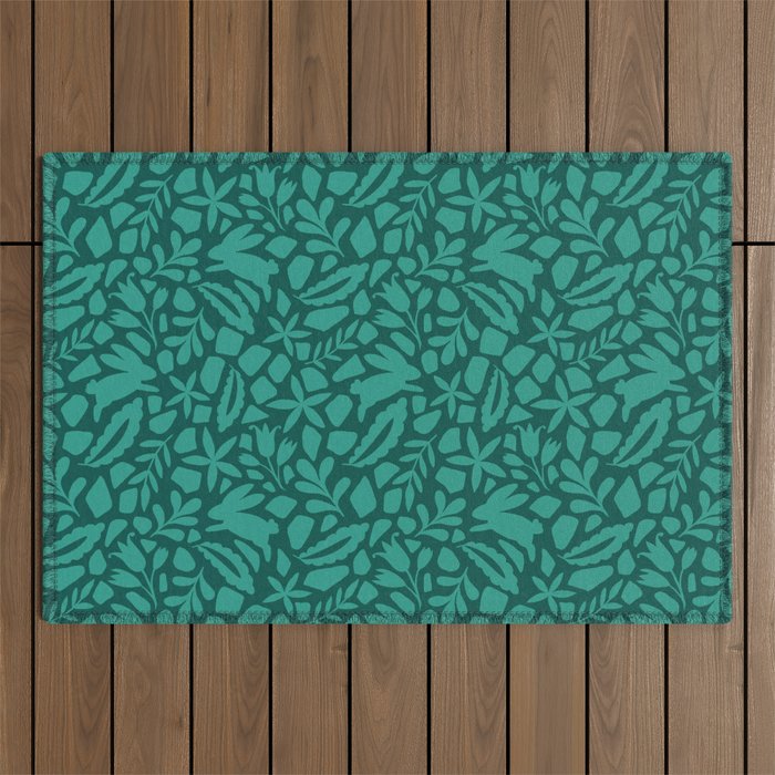 Folk Art Bunnies - Verdigris  Outdoor Rug Gallery Image 1