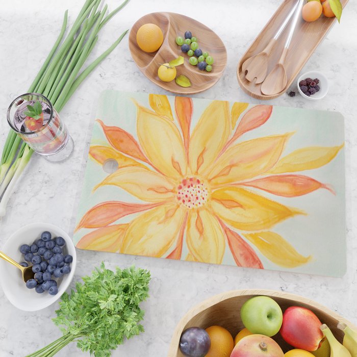 Sunburst Yellow and Orange Abstract Watercolor Flower Cutting Board Gallery Image 2
