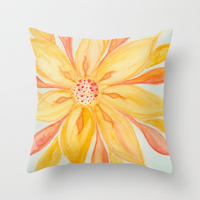 Sunburst Yellow and Orange Abstract Watercolor Flower Throw Pillow Gallery Image 6