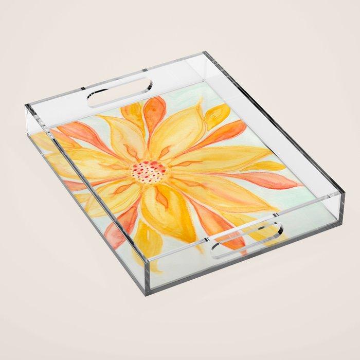 Sunburst Yellow and Orange Abstract Watercolor Flower Acrylic Tray Gallery Image 1