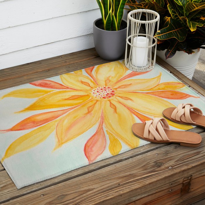 Sunburst Yellow and Orange Abstract Watercolor Flower Outdoor Rug Gallery Image 2