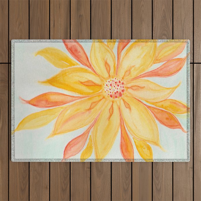 Sunburst Yellow and Orange Abstract Watercolor Flower Outdoor Rug Gallery Image 1