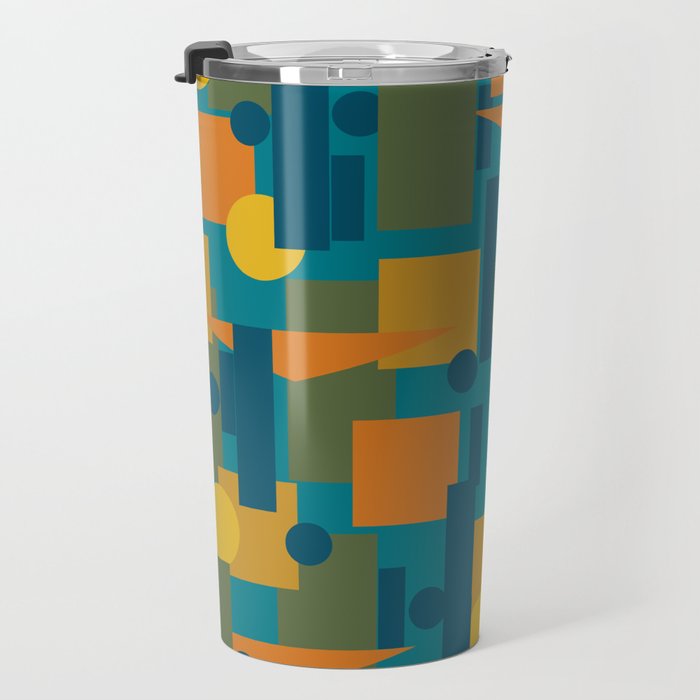 Mid-Century Modern Geometrica Pattern in Moroccan Teal Blue Olive Green Mustard Yellow Orange Travel Mug Gallery Image 3