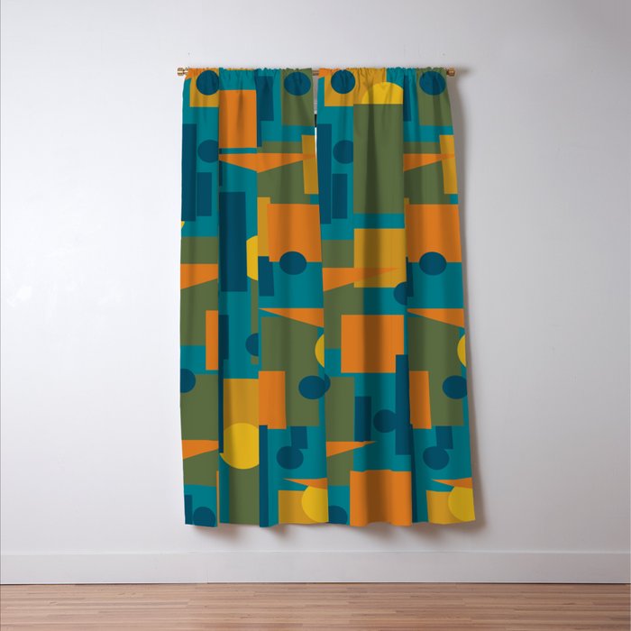 Mid-Century Modern Geometrica Pattern in Moroccan Teal Blue Olive Green Mustard Yellow Orange Window Curtain Gallery Image 3