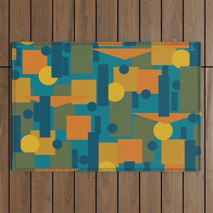 Mid-Century Modern Geometrica Pattern in Moroccan Teal Blue Olive Green Mustard Yellow Orange Outdoor Rug Gallery Image 1