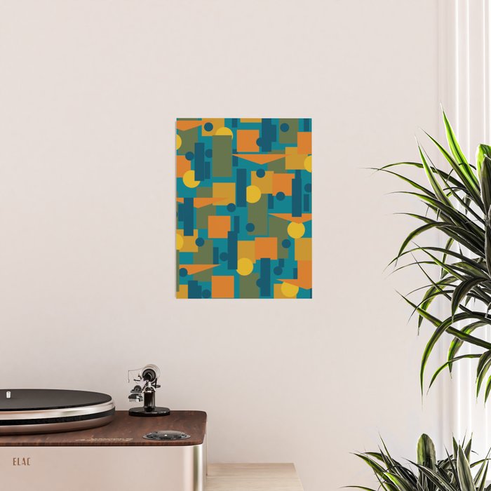 Mid-Century Modern Geometrica Pattern in Moroccan Teal Blue Olive Green Mustard Yellow Orange Poster Gallery Image 2
