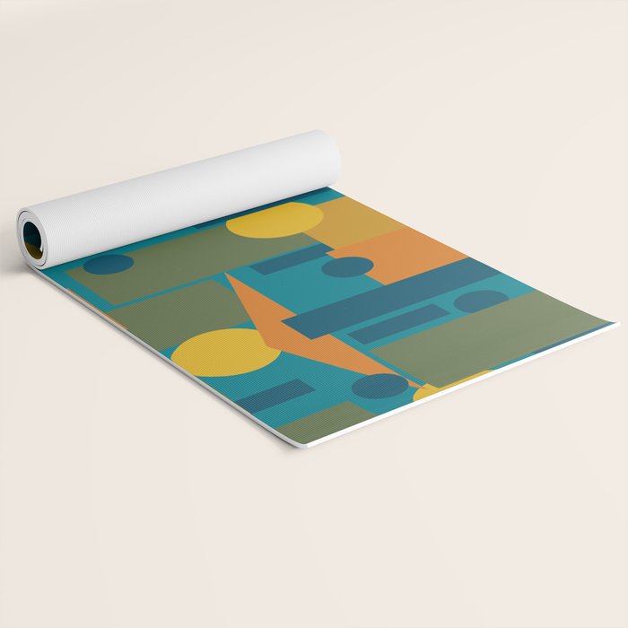 Mid-Century Modern Geometrica Pattern in Moroccan Teal Blue Olive Green Mustard Yellow Orange Yoga Mat Gallery Image 2