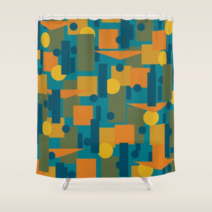 Mid-Century Modern Geometrica Pattern in Moroccan Teal Blue Olive Green Mustard Yellow Orange Shower Curtain Gallery Image 1