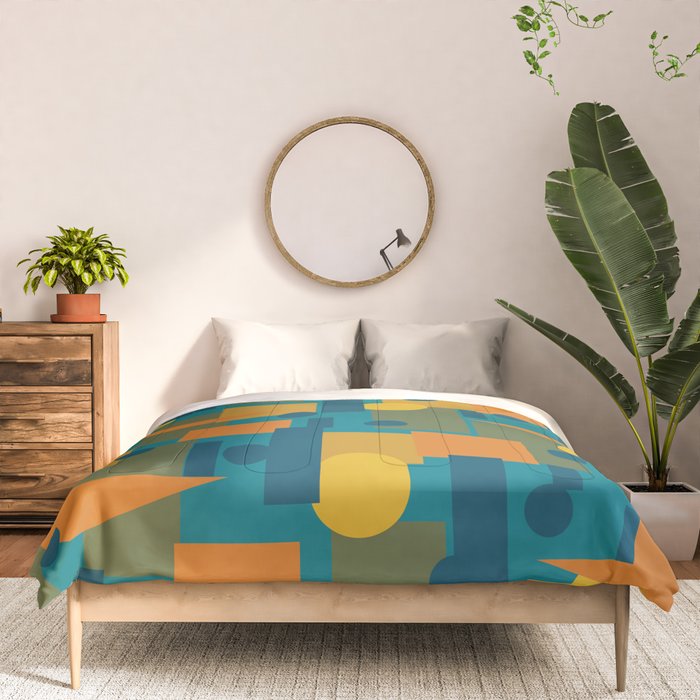 Mid-Century Modern Geometrica Pattern in Moroccan Teal Blue Olive Green Mustard Yellow Orange Comforter Gallery Image 3