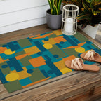 Mid-Century Modern Geometrica Pattern in Moroccan Teal Blue Olive Green Mustard Yellow Orange Outdoor Rug Gallery Image 2