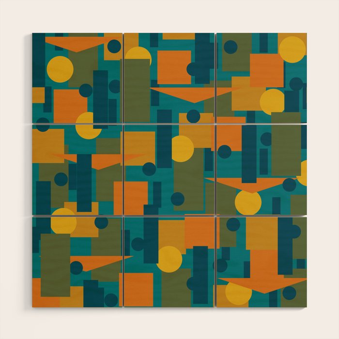 Mid-Century Modern Geometrica Pattern in Moroccan Teal Blue Olive Green Mustard Yellow Orange Wood Wall Art Gallery Image 1