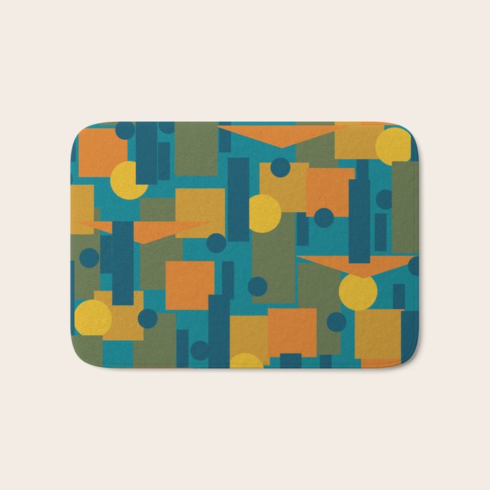 Mid-Century Modern Geometrica Pattern in Moroccan Teal Blue Olive Green Mustard Yellow Orange Bath Mat Gallery Image 1