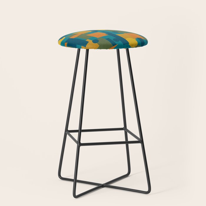 Mid-Century Modern Geometrica Pattern in Moroccan Teal Blue Olive Green Mustard Yellow Orange Stool Gallery Image 1