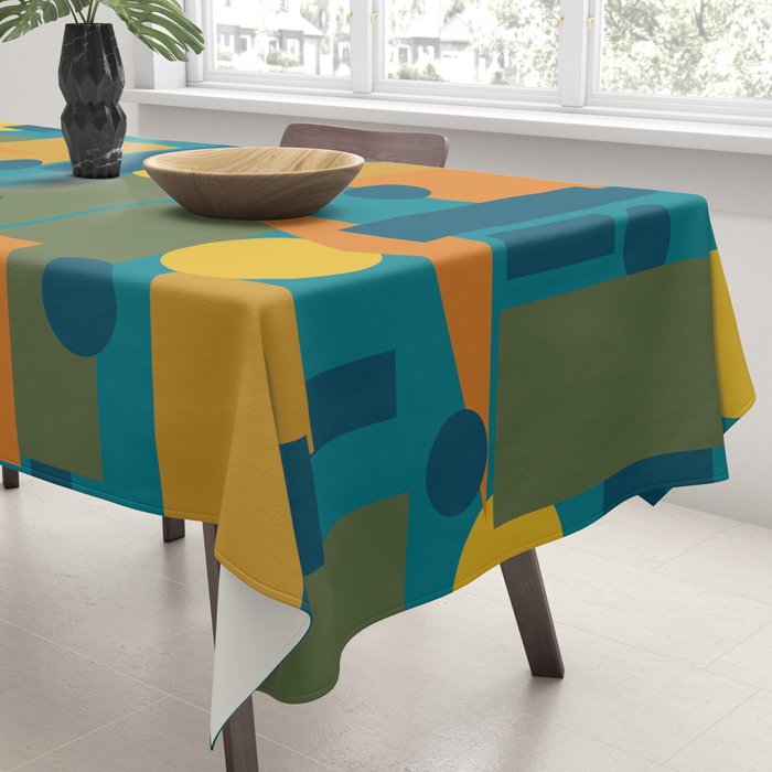 Mid-Century Modern Geometrica Pattern in Moroccan Teal Blue Olive Green Mustard Yellow Orange Tablecloth Gallery Image 3