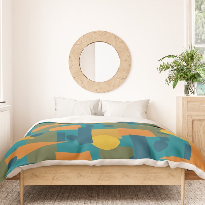 Mid-Century Modern Geometrica Pattern in Moroccan Teal Blue Olive Green Mustard Yellow Orange Duvet Cover Gallery Image 3