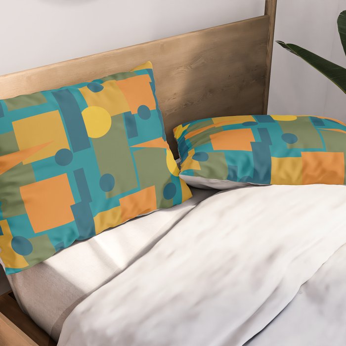Mid-Century Modern Geometrica Pattern in Moroccan Teal Blue Olive Green Mustard Yellow Orange Pillow Sham Gallery Image 2
