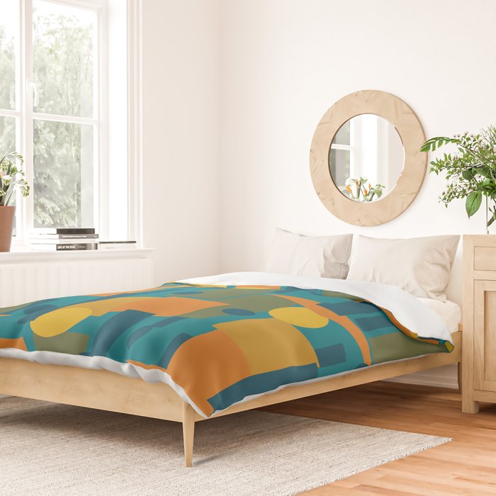 Mid-Century Modern Geometrica Pattern in Moroccan Teal Blue Olive Green Mustard Yellow Orange Duvet Cover Gallery Image 2