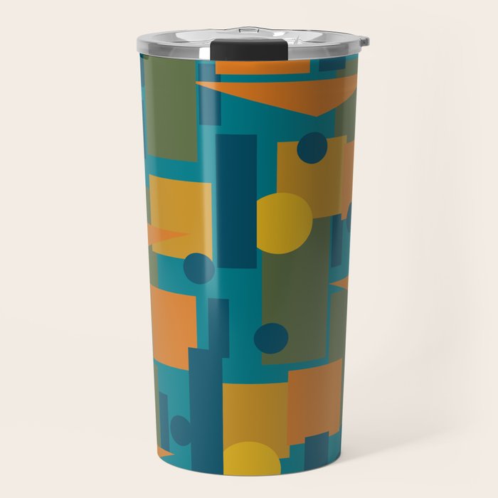 Mid-Century Modern Geometrica Pattern in Moroccan Teal Blue Olive Green Mustard Yellow Orange Travel Mug Gallery Image 1