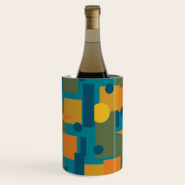 Mid-Century Modern Geometrica Pattern in Moroccan Teal Blue Olive Green Mustard Yellow Orange Wine Chiller Gallery Image 1
