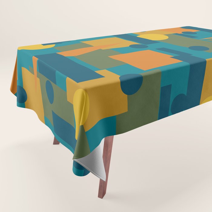 Mid-Century Modern Geometrica Pattern in Moroccan Teal Blue Olive Green Mustard Yellow Orange Tablecloth Gallery Image 1