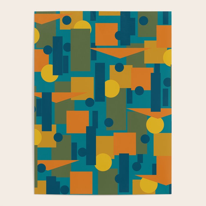 Mid-Century Modern Geometrica Pattern in Moroccan Teal Blue Olive Green Mustard Yellow Orange Poster Gallery Image 1