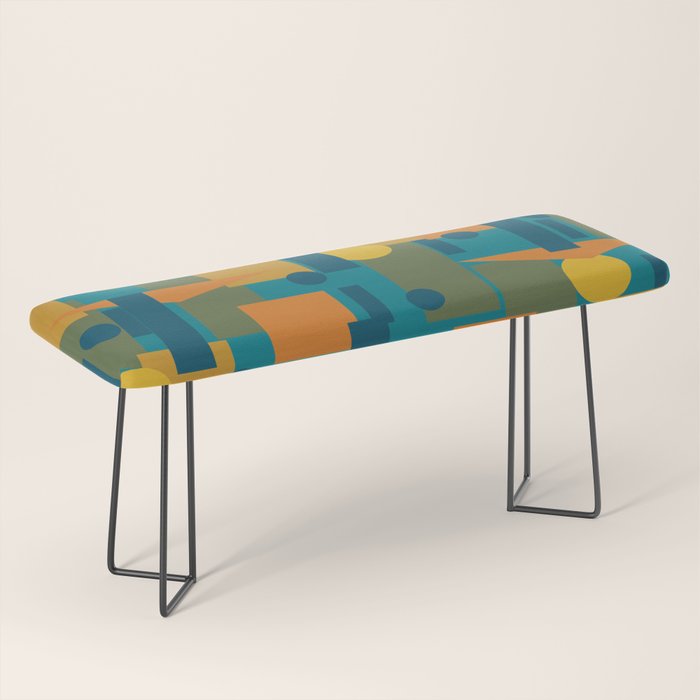 Mid-Century Modern Geometrica Pattern in Moroccan Teal Blue Olive Green Mustard Yellow Orange Bench Gallery Image 1