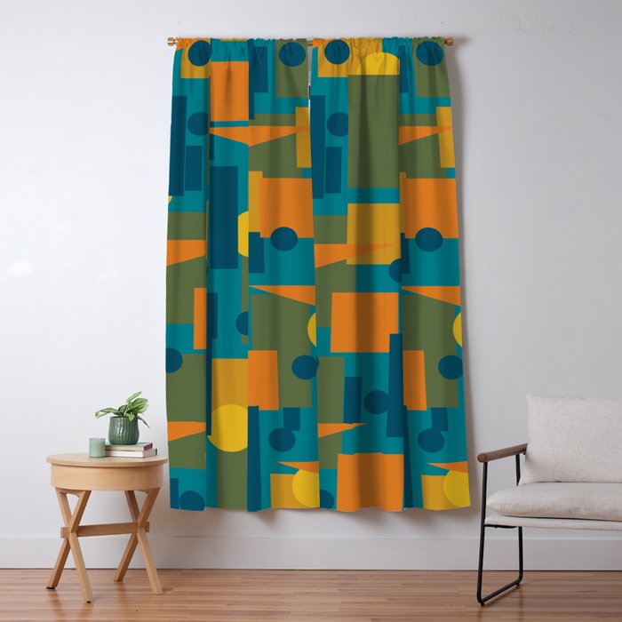 Mid-Century Modern Geometrica Pattern in Moroccan Teal Blue Olive Green Mustard Yellow Orange Window Curtain Gallery Image 5