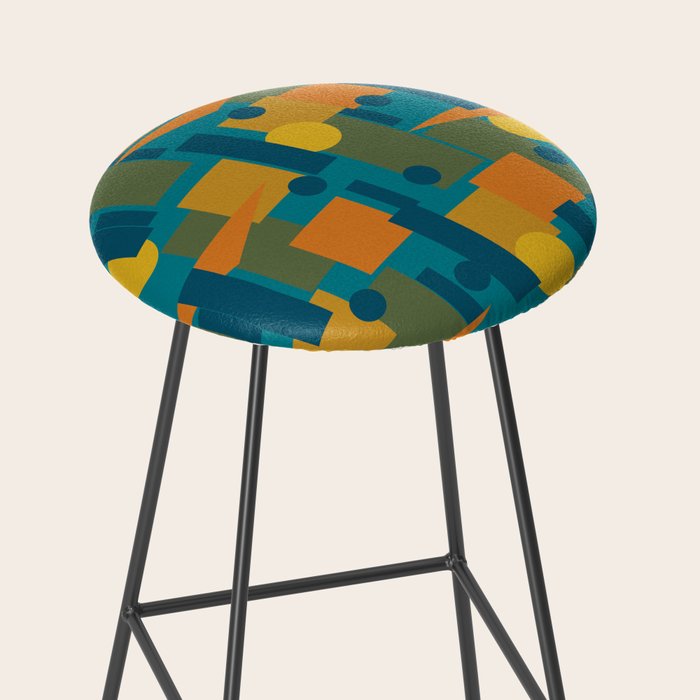 Mid-Century Modern Geometrica Pattern in Moroccan Teal Blue Olive Green Mustard Yellow Orange Stool Gallery Image 2