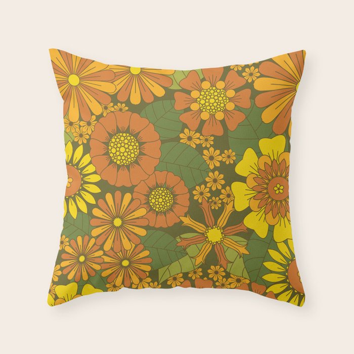 Orange, Brown, Yellow and Green Retro Daisy Pattern Throw Pillow Gallery Image 6