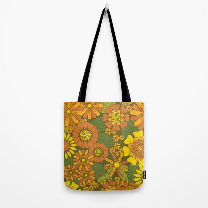 Orange, Brown, Yellow and Green Retro Daisy Pattern Tote Bag Gallery Image 2