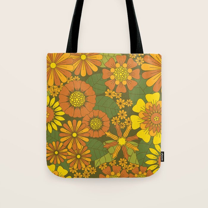 Orange, Brown, Yellow and Green Retro Daisy Pattern Tote Bag Gallery Image 1