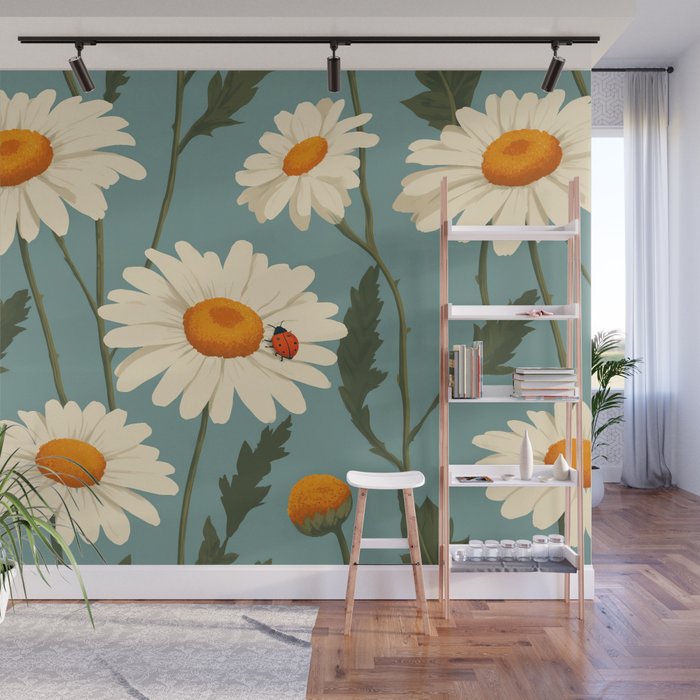Charming Daisies with Ladybug Wall Mural Gallery Image 1