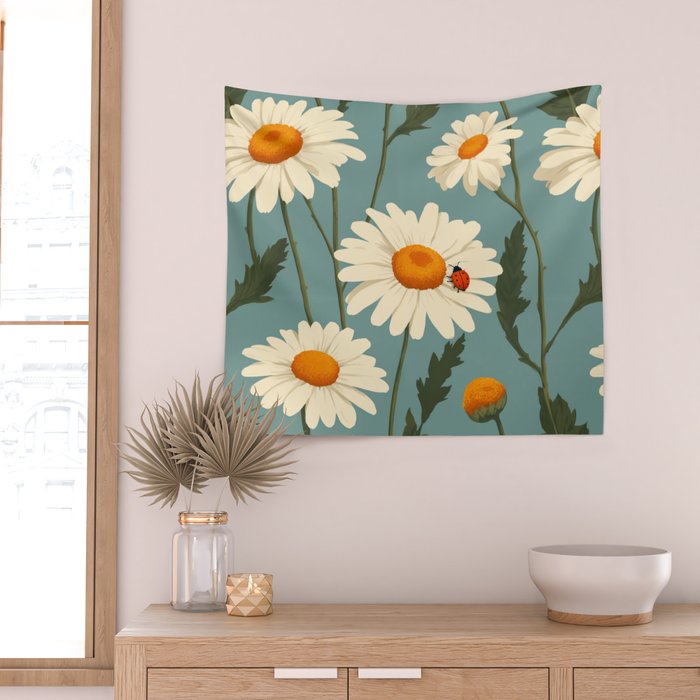 Charming Daisies with Ladybug Wall Tapestry Gallery Image 2