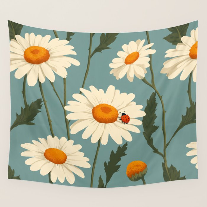 Charming Daisies with Ladybug Wall Tapestry Gallery Image 4